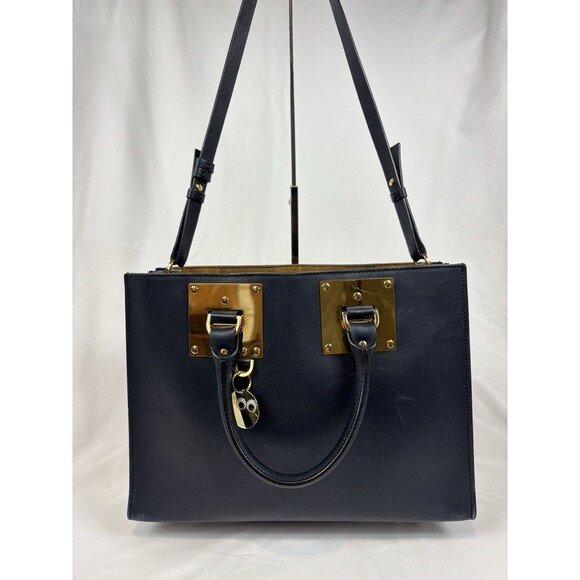 Sophie Hulme Albion Tote Bag Navy Blue Leather Top Handle Shoulder Strap - Picture 1 of 14